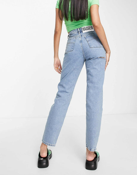 The Ragged Priest High Waisted Mom Jeans With Bum Rip In Mid Blue