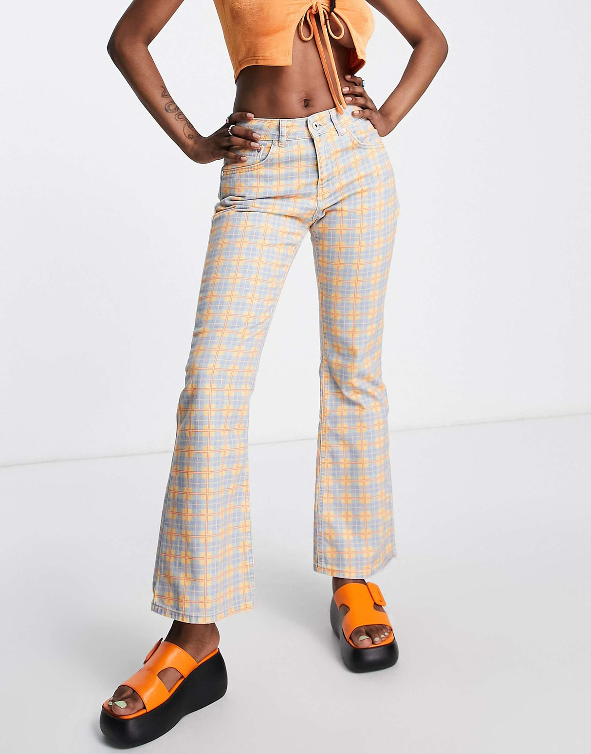 The Ragged Priest Flared Jeans In Blue And Yellow Check