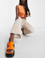 The Ragged Priest Flared Jeans In Blue And Yellow Check