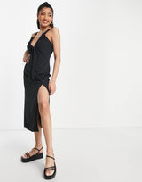 Abercrombie & Fitch Cinch Neck Slip Midi Dress In Black