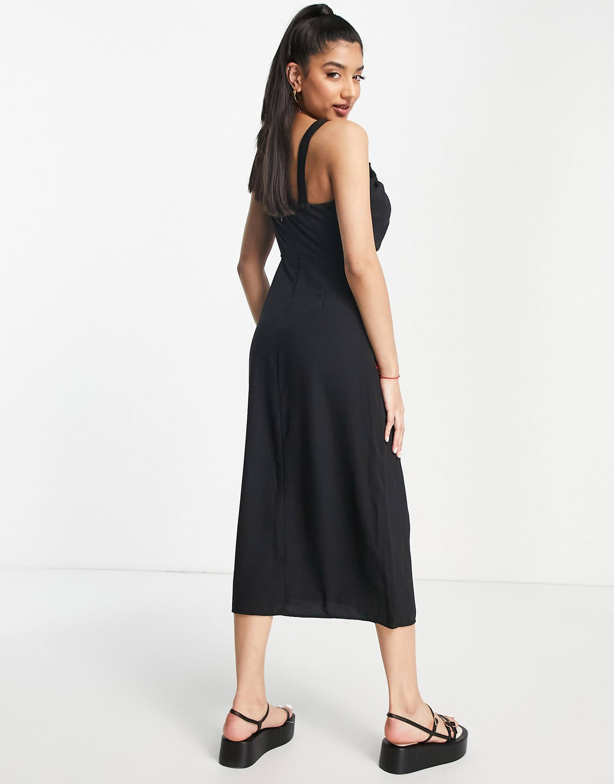 Abercrombie & Fitch Cinch Neck Slip Midi Dress In Black
