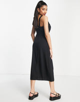 Abercrombie & Fitch Cinch Neck Slip Midi Dress In Black