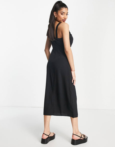 Abercrombie & Fitch Cinch Neck Slip Midi Dress In Black