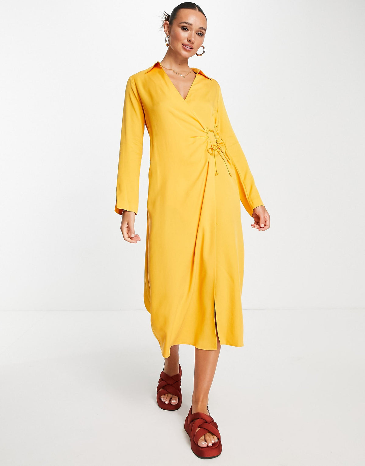Mango Draped Ruched Front Shirt Dress In Orange