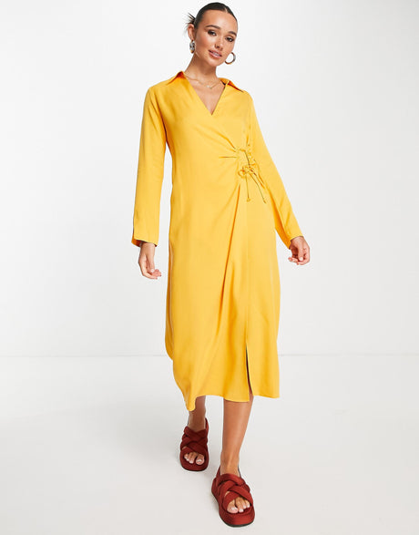Mango Draped Ruched Front Shirt Dress In Orange