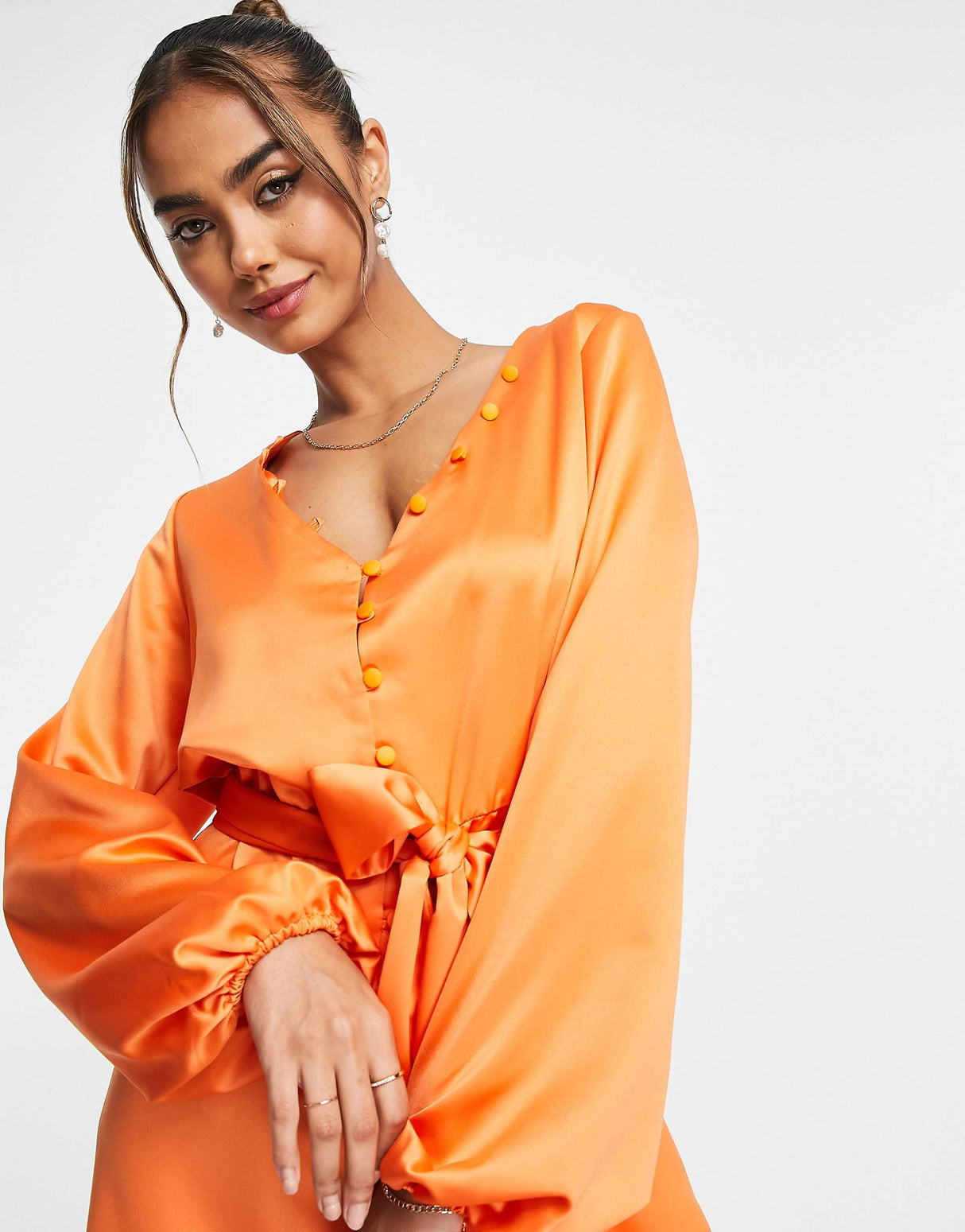 In The Style X Perrie Sian Satin Button Detail Belted Mini Dress In Orange