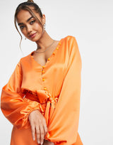 In The Style X Perrie Sian Satin Button Detail Belted Mini Dress In Orange