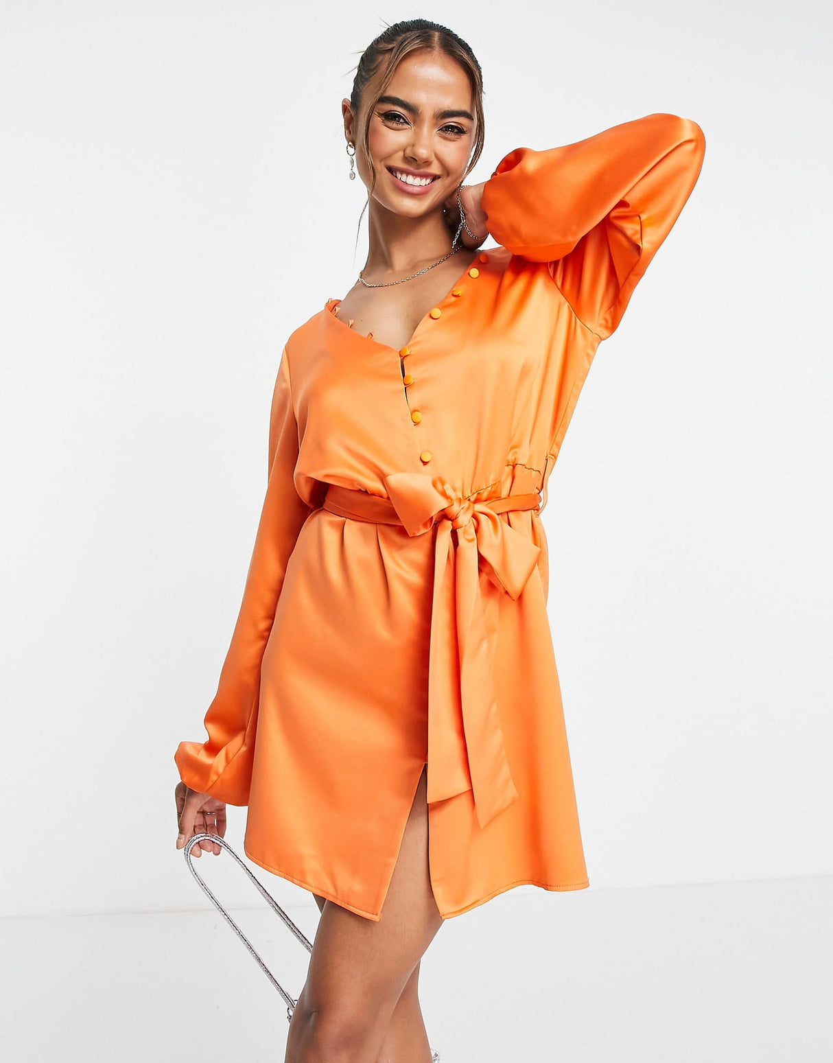 In The Style X Perrie Sian Satin Button Detail Belted Mini Dress In Orange