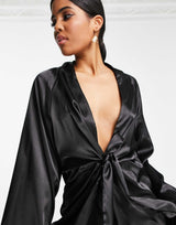 In The Style X Perrie Sian Exclusive Plunge Front Knot Detail Shirt Dress In Black
