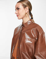 4Th & Reckless Oversized Leather Look Embossed Shirt Co-Ord In Chocolate