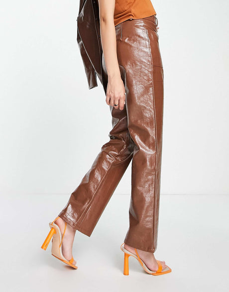4Th & Reckless Straight Leg Leather Look Embossed Trouser Co-Ord In Chocolate
