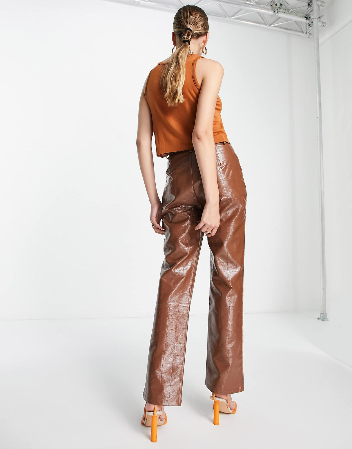 4Th & Reckless Straight Leg Leather Look Embossed Trouser Co-Ord In Chocolate