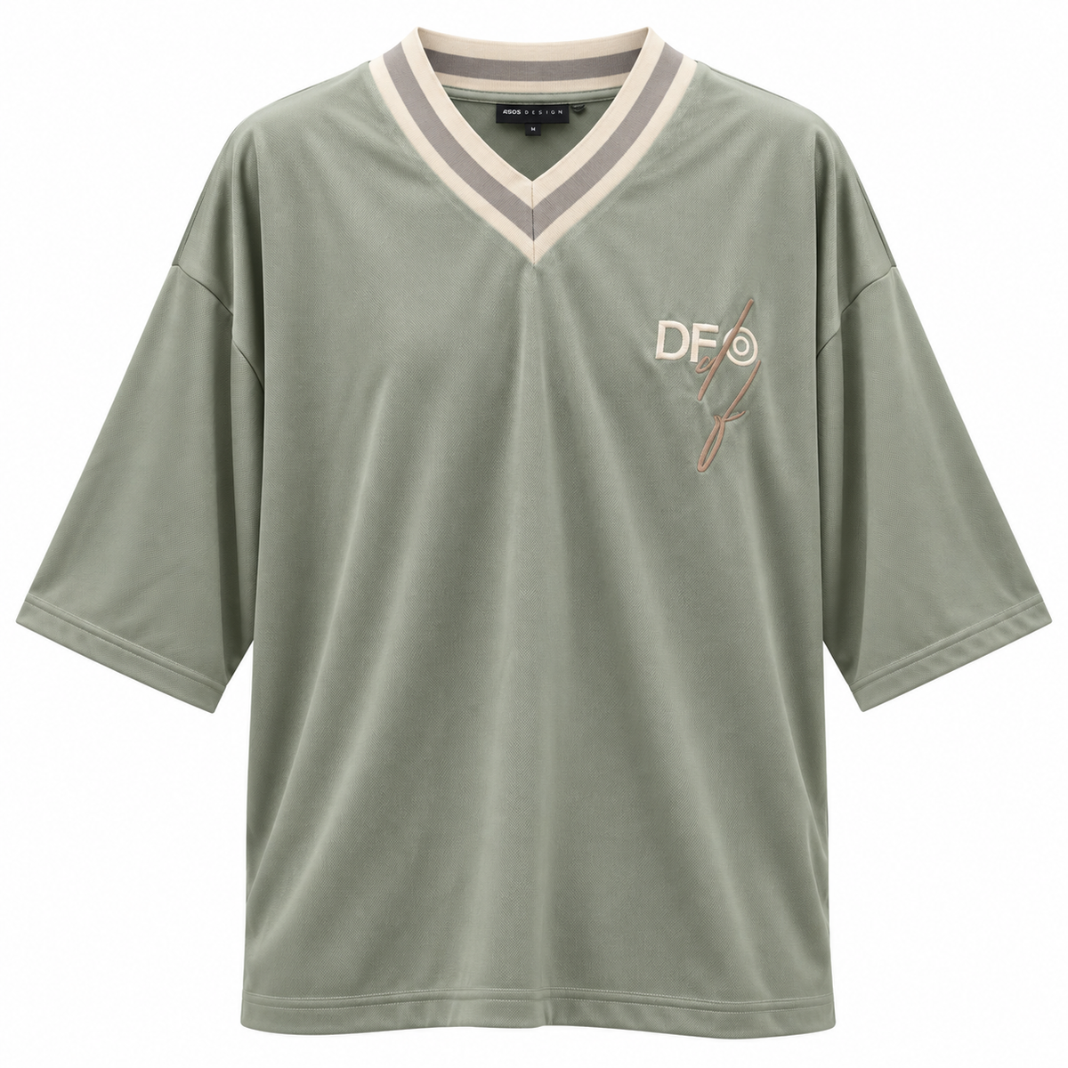 Asos Dark Future Oversized Satin V-Neck T-Shirt With Logo And Tipping In Khaki