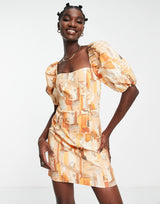 & Other Stories Puff Sleeve Mini Dress In Orange Print