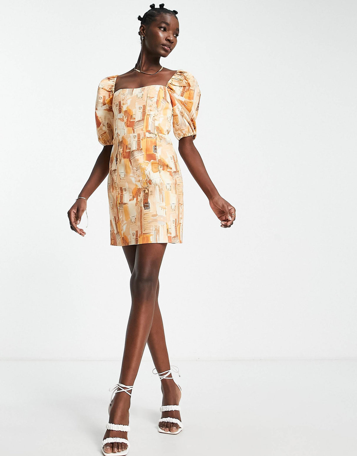 & Other Stories Puff Sleeve Mini Dress In Orange Print