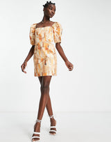 & Other Stories Puff Sleeve Mini Dress In Orange Print