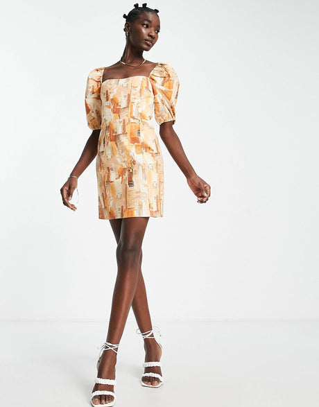 & Other Stories Puff Sleeve Mini Dress In Orange Print