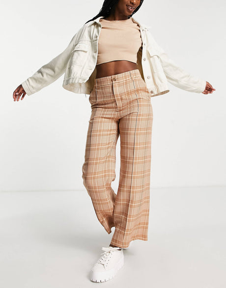 & Other Stories Wide Leg Trousers In Beige Check Print