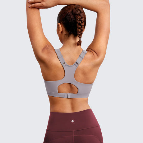Power On Soft Padded High Impact Zip Front Sports Bra - Grey