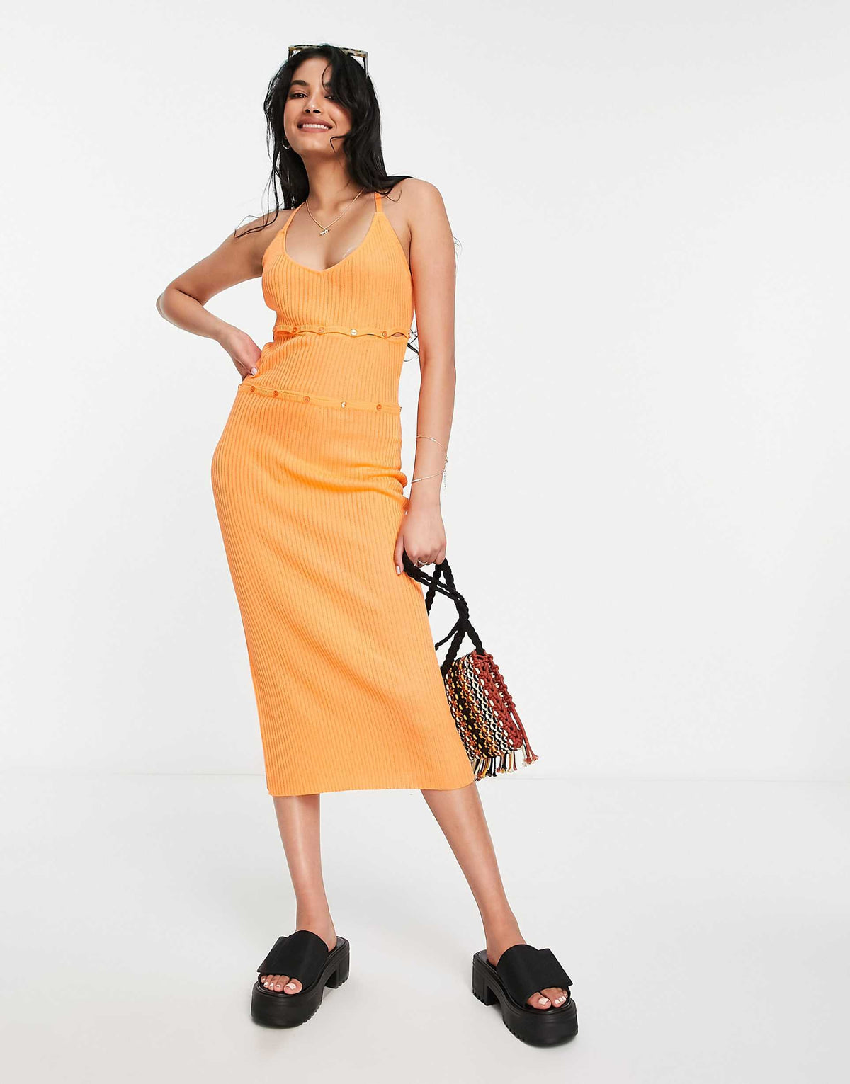 Na-Kd X Elin Warnqvist Knitted Midi Dress With Button Detail In Orange