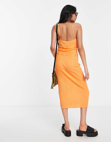 Na-Kd X Elin Warnqvist Knitted Midi Dress With Button Detail In Orange