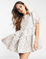 Dream Sister Jane Puff Sleeve Mini Dress With Open Back In Delicate Rose Jacquard