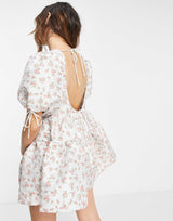 Dream Sister Jane Puff Sleeve Mini Dress With Open Back In Delicate Rose Jacquard