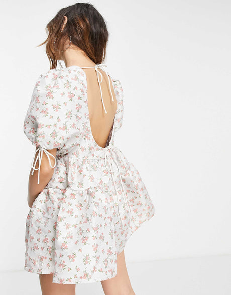 Dream Sister Jane Puff Sleeve Mini Dress With Open Back In Delicate Rose Jacquard
