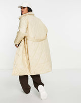 Qed London Diamond Quilt Belted Coat In Stone