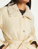 Qed London Diamond Quilt Belted Coat In Stone