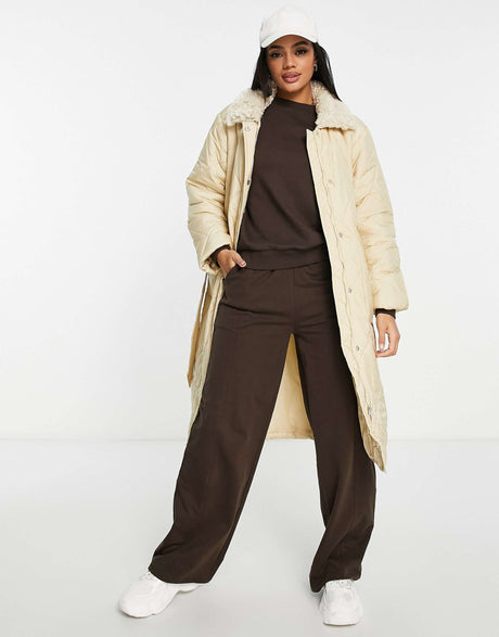 Qed London Diamond Quilt Belted Coat In Stone