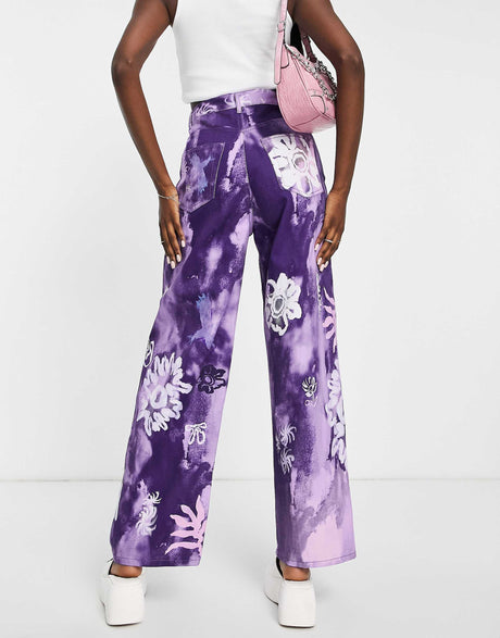 Weekday Straight Leg Trousers In Purple Abstract Flower