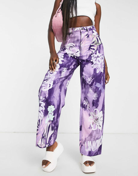Weekday Straight Leg Trousers In Purple Abstract Flower