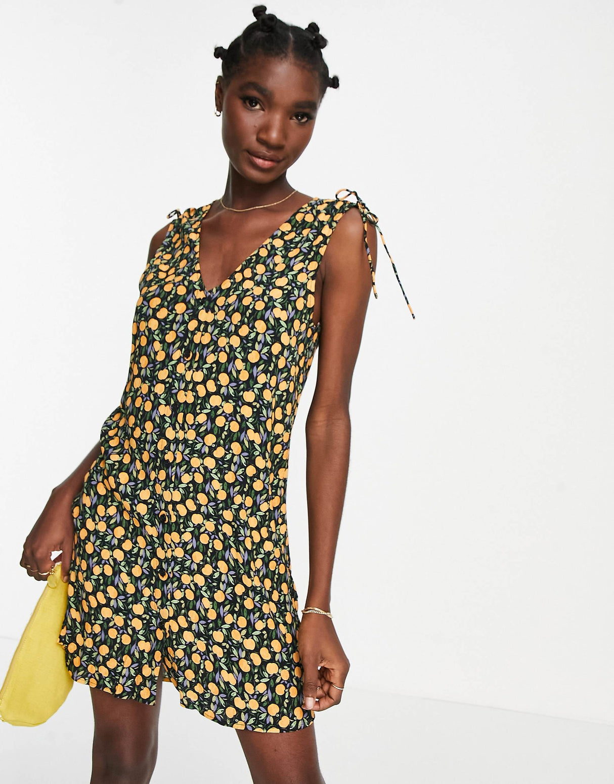 & Other Stories Tie Shoulder Mini Dress In Lemon Print