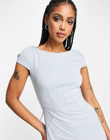Closet London Puff Shoulder Pencil Dress With Bodice Detail In Sky Blue