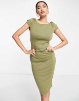 Closet London Puff Shoulder Pencil Dress With Bodice Detail In Olive