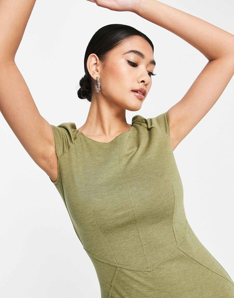 Closet London Puff Shoulder Pencil Dress With Bodice Detail In Olive