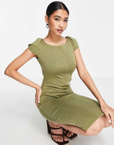 Closet London Puff Shoulder Pencil Dress With Bodice Detail In Olive