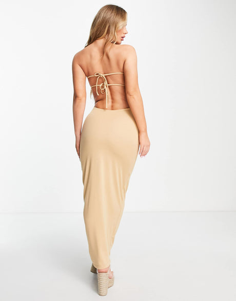 Na-Kd X Zoe Pastelle Bandeau Open Back Maxi Dress In Beige