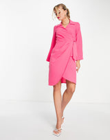 Closet London Fluted Sleeve Wrap Mini Dress In Pink