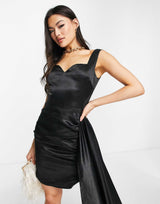Yaura Satin Mini Dress With Side Train In Black