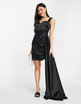 Yaura Satin Mini Dress With Side Train In Black