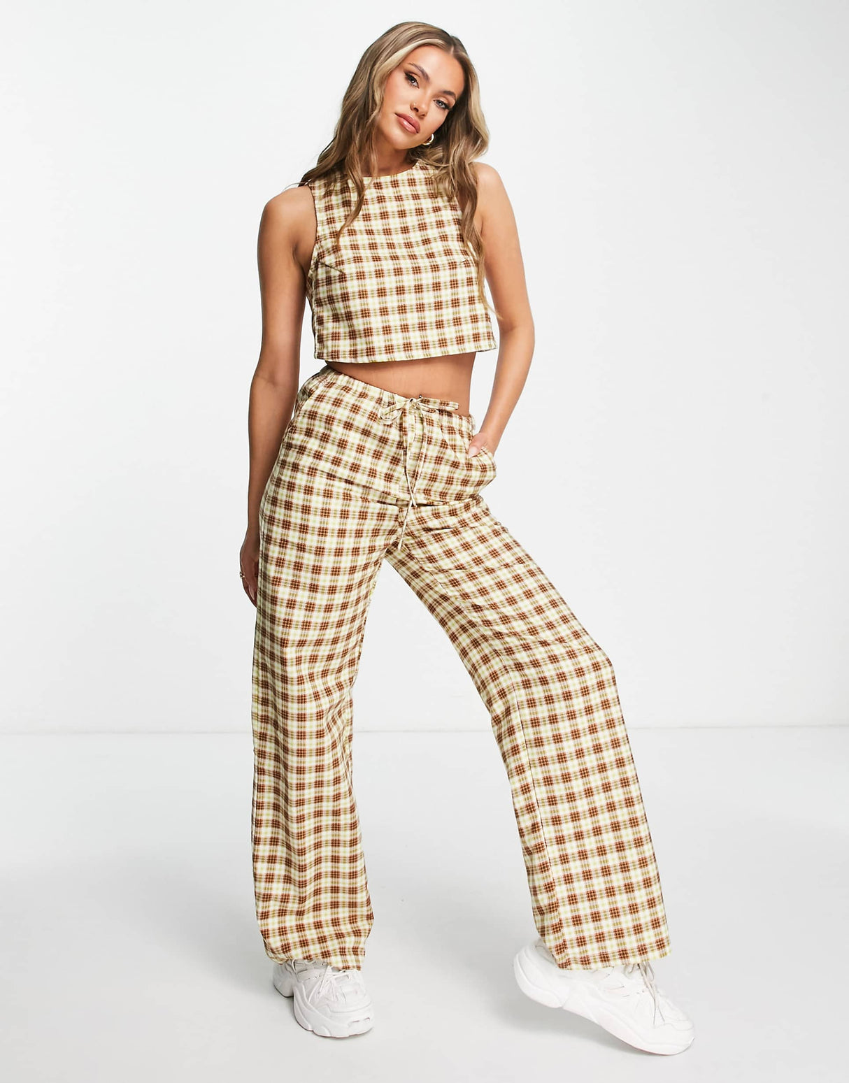 Motel Low Rise Relaxed Trousers With Drawstring Waist In Retro Brown Check Co-Ord