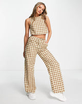 Motel Low Rise Relaxed Trousers With Drawstring Waist In Retro Brown Check Co-Ord