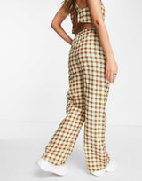 Motel Low Rise Relaxed Trousers With Drawstring Waist In Retro Brown Check Co-Ord