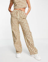 Motel Low Rise Relaxed Trousers With Drawstring Waist In Retro Brown Check Co-Ord