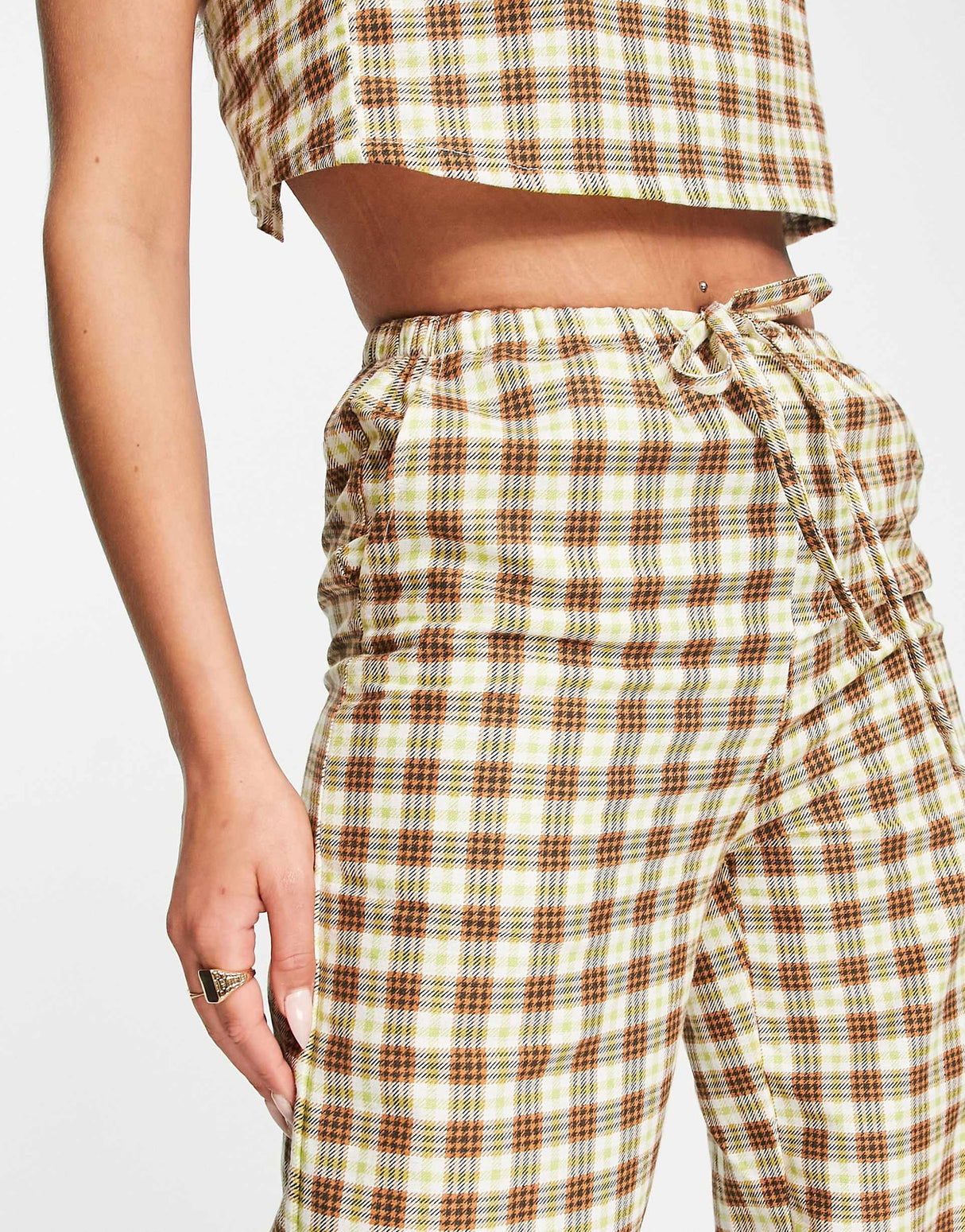 Motel Low Rise Relaxed Trousers With Drawstring Waist In Retro Brown Check Co-Ord