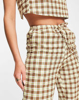 Motel Low Rise Relaxed Trousers With Drawstring Waist In Retro Brown Check Co-Ord