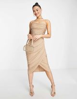 Rare London Mesh Drape Wrap Midi Pencil Dress In Stone Glitter