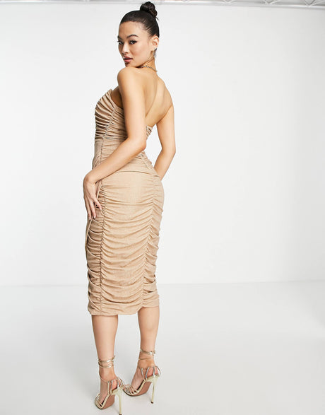 Rare London Mesh Drape Wrap Midi Pencil Dress In Stone Glitter